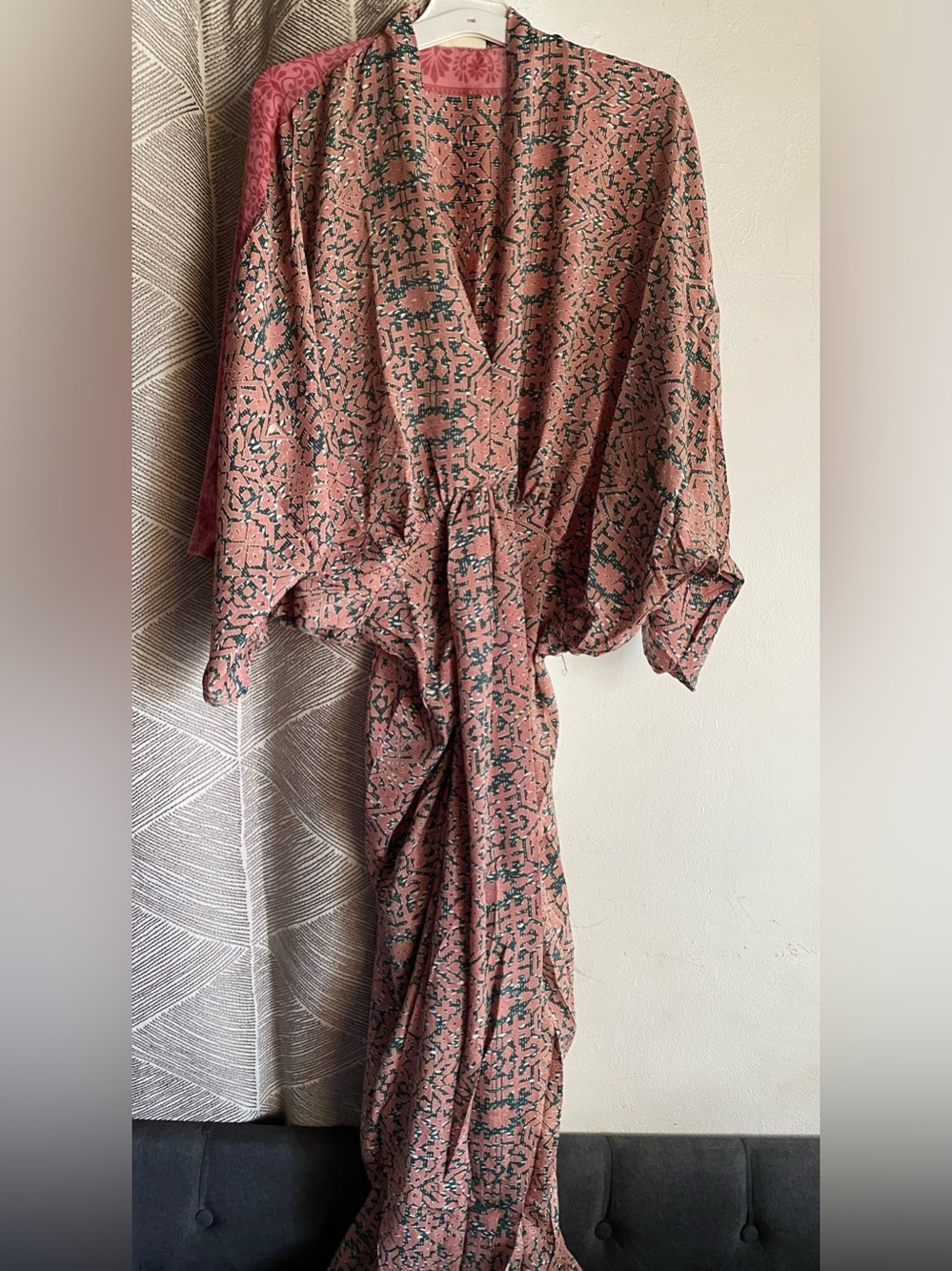 Sissel Edelbo Women Kaftan Pink Floral Sari V-Neck Floral Boho Size S-M NEW
